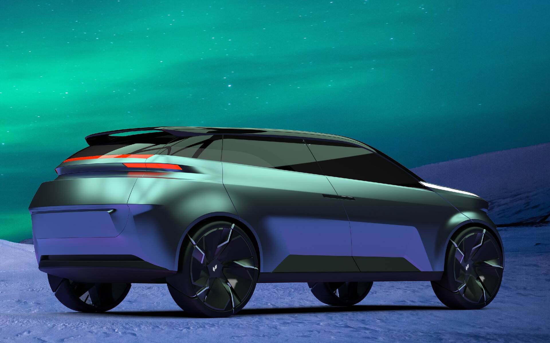 Rear view of Project Arrow EV under a glowing aurora sky