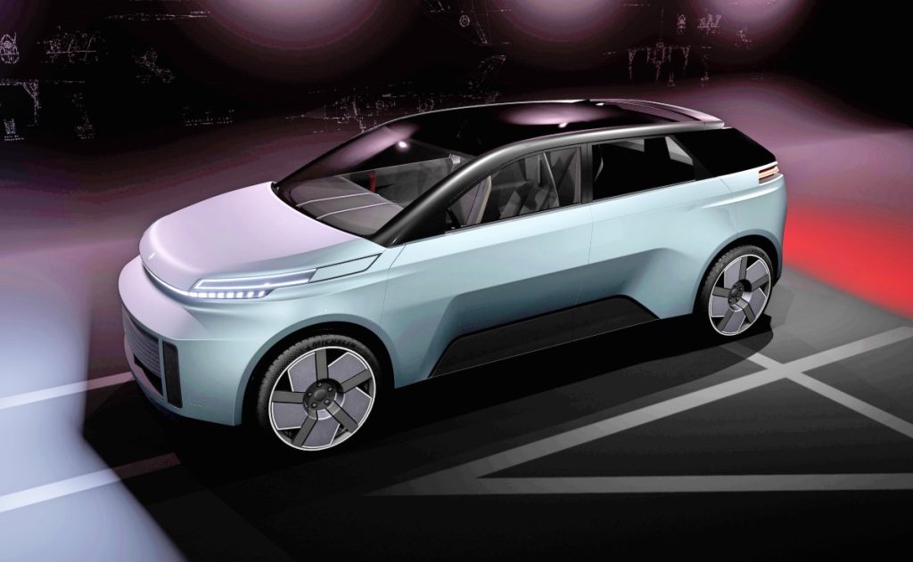 Project Arrow EV in a high-tech showroom with dramatic lighting